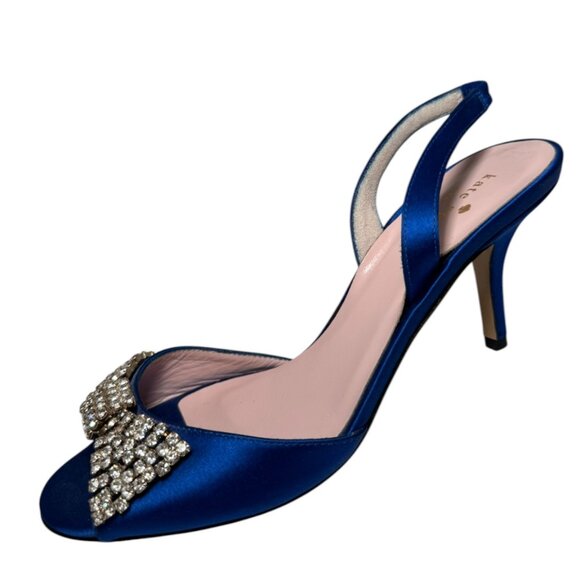 New KATE SPADE Womens Blue Jeweled Bow Satin Slingback Heels Sandals Size 8 B - Picture 1 of 8